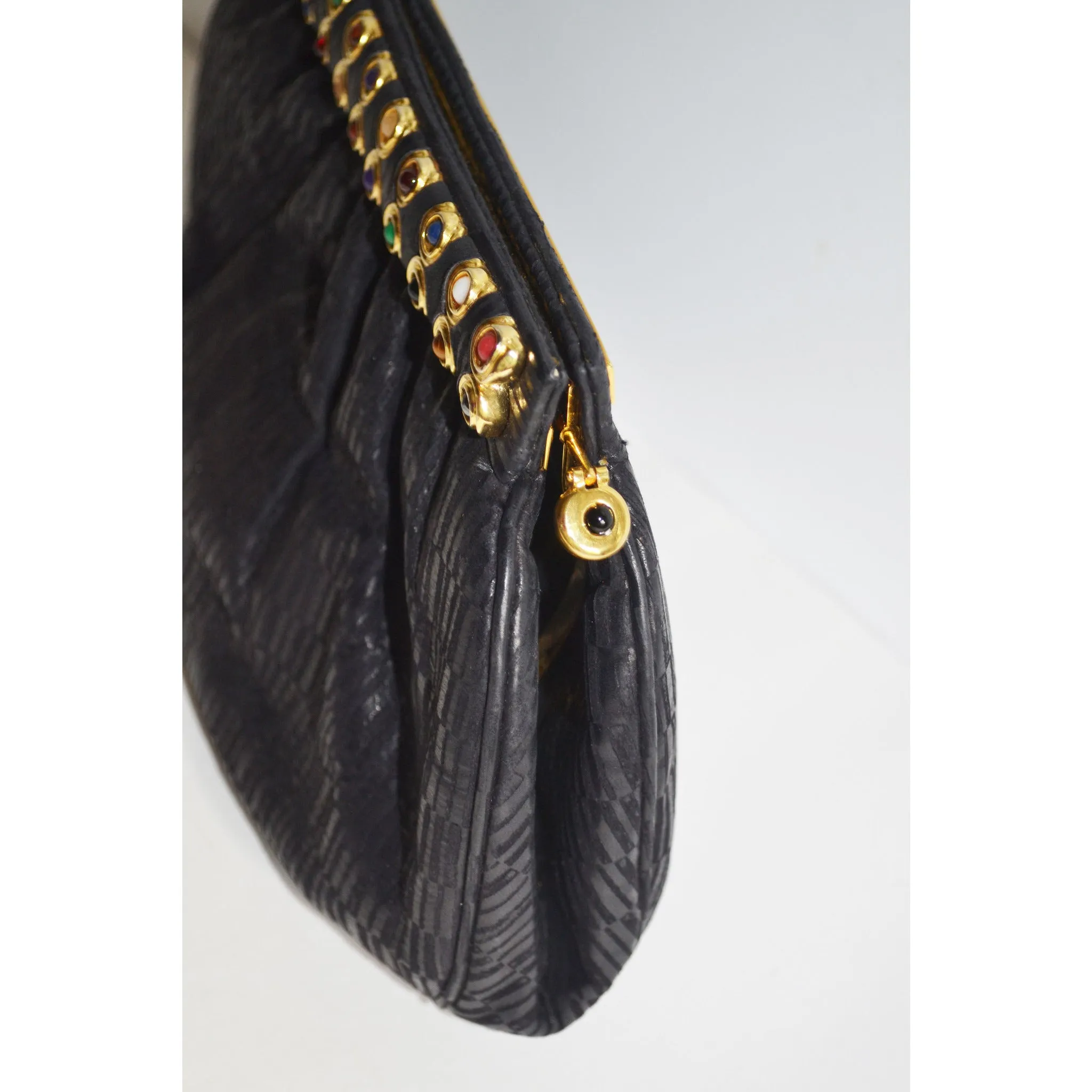 Black Leather Jeweled Clutch Purse By Ashneil