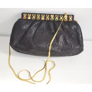 Black Leather Jeweled Clutch Purse By Ashneil