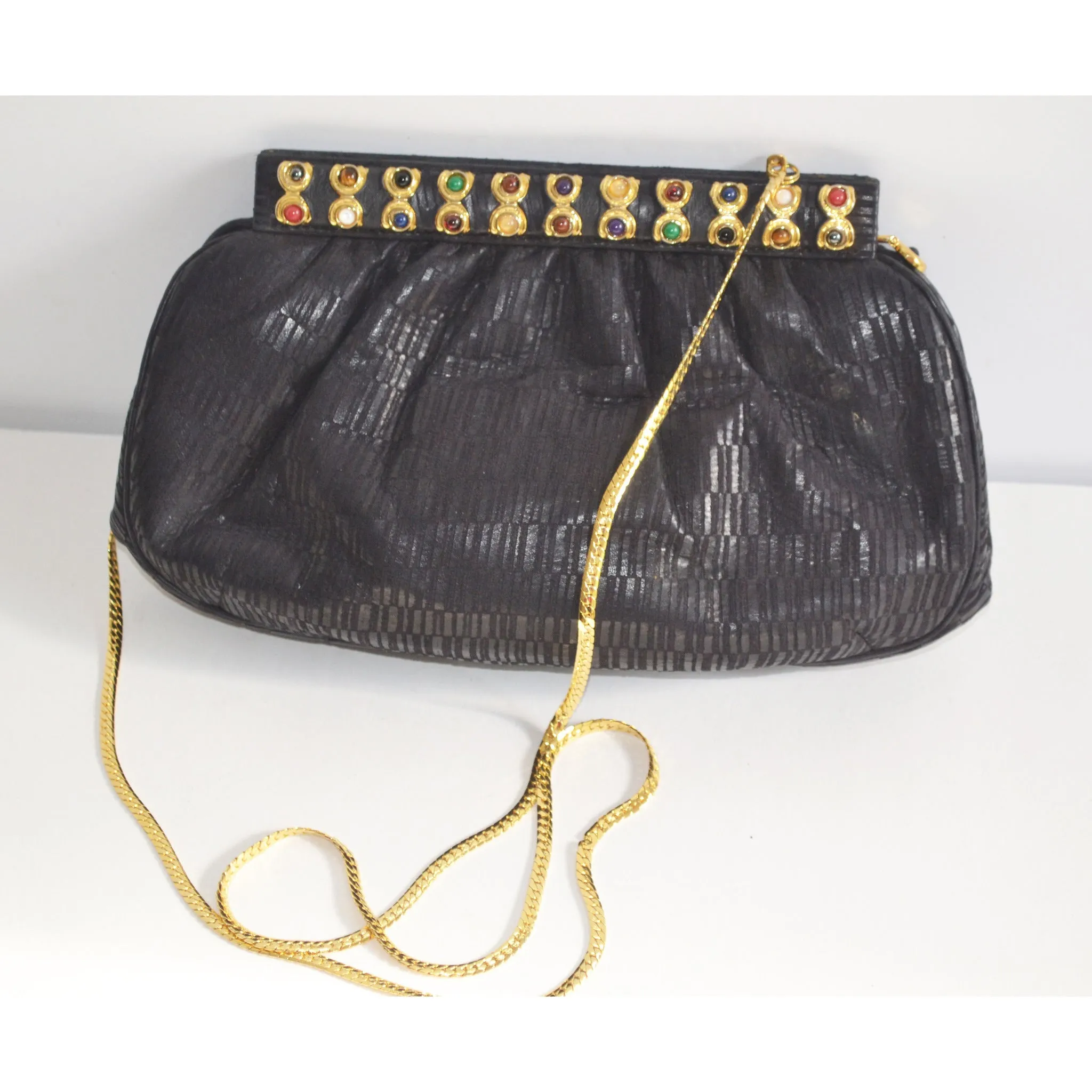 Black Leather Jeweled Clutch Purse By Ashneil