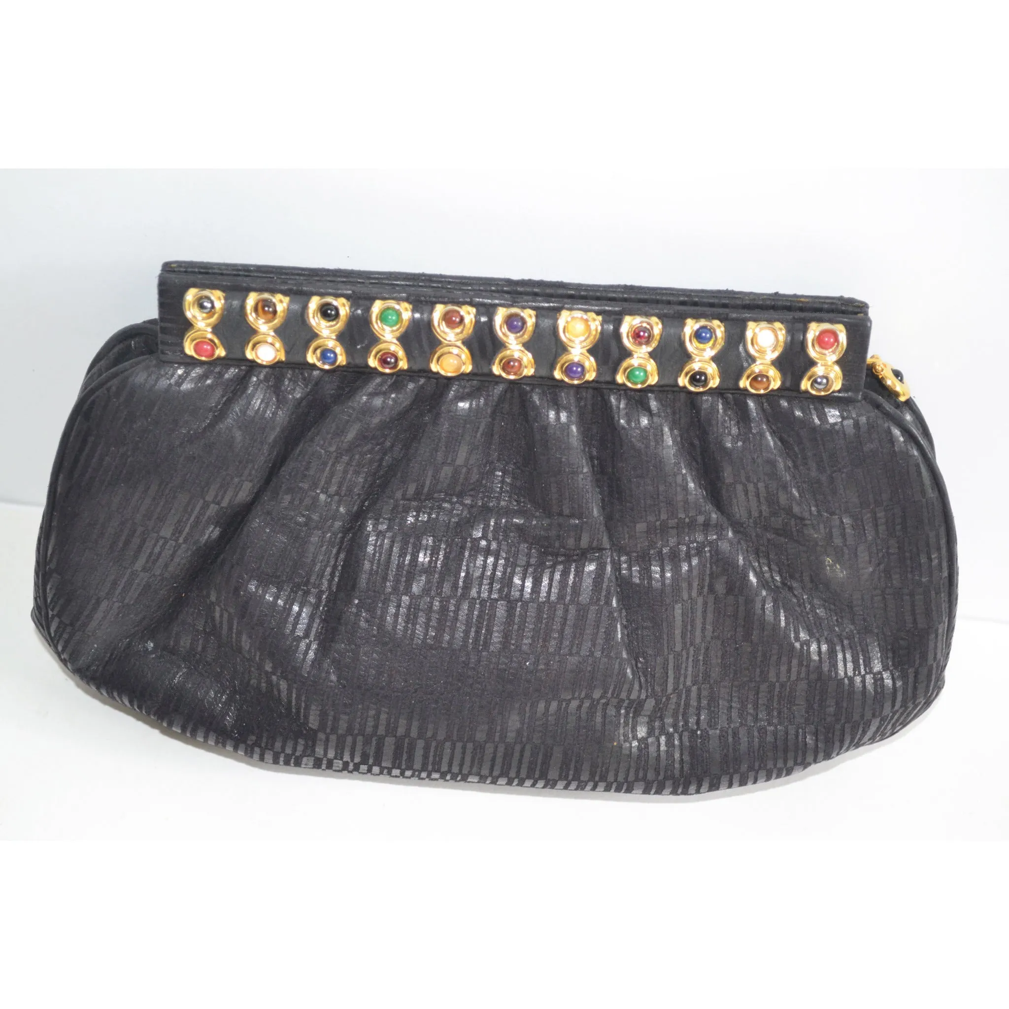 Black Leather Jeweled Clutch Purse By Ashneil