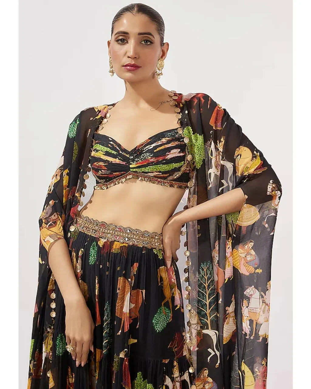 Block Flowy Mughal Printed Cape and Skirt Set