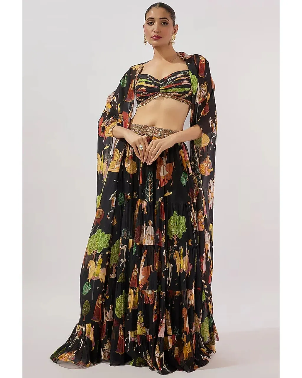 Block Flowy Mughal Printed Cape and Skirt Set