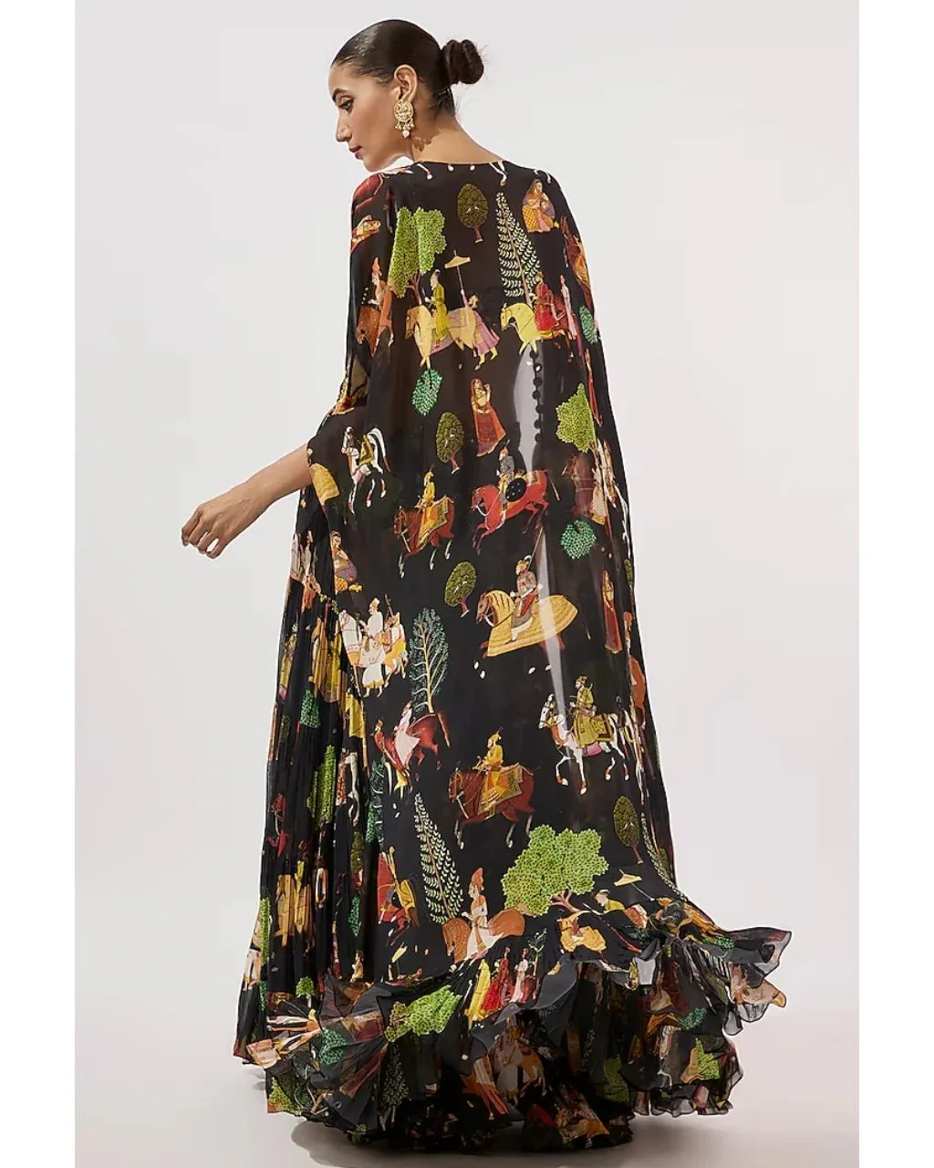 Block Flowy Mughal Printed Cape and Skirt Set