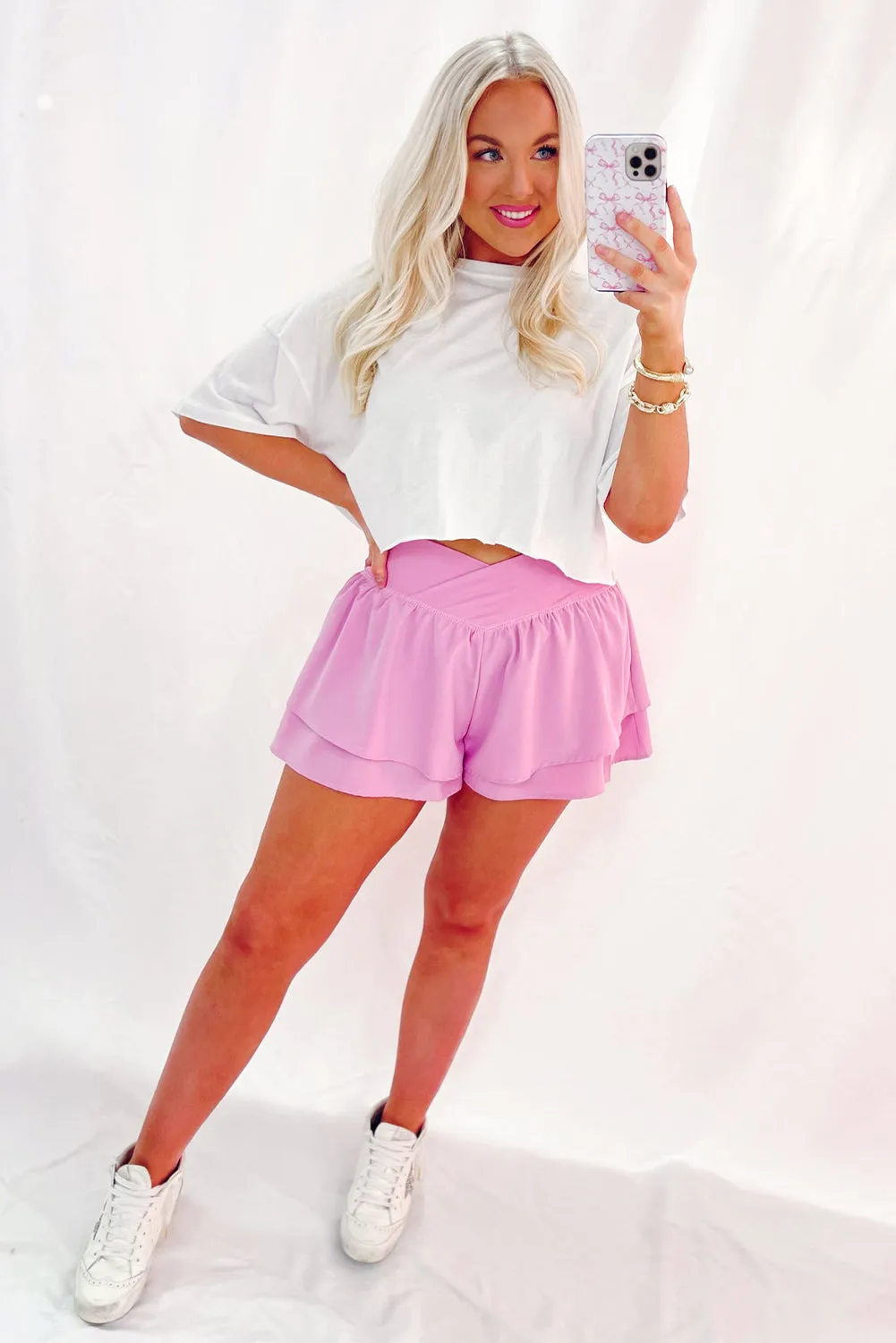 Bright Pink Crossover Tiered Flowy Shorts
