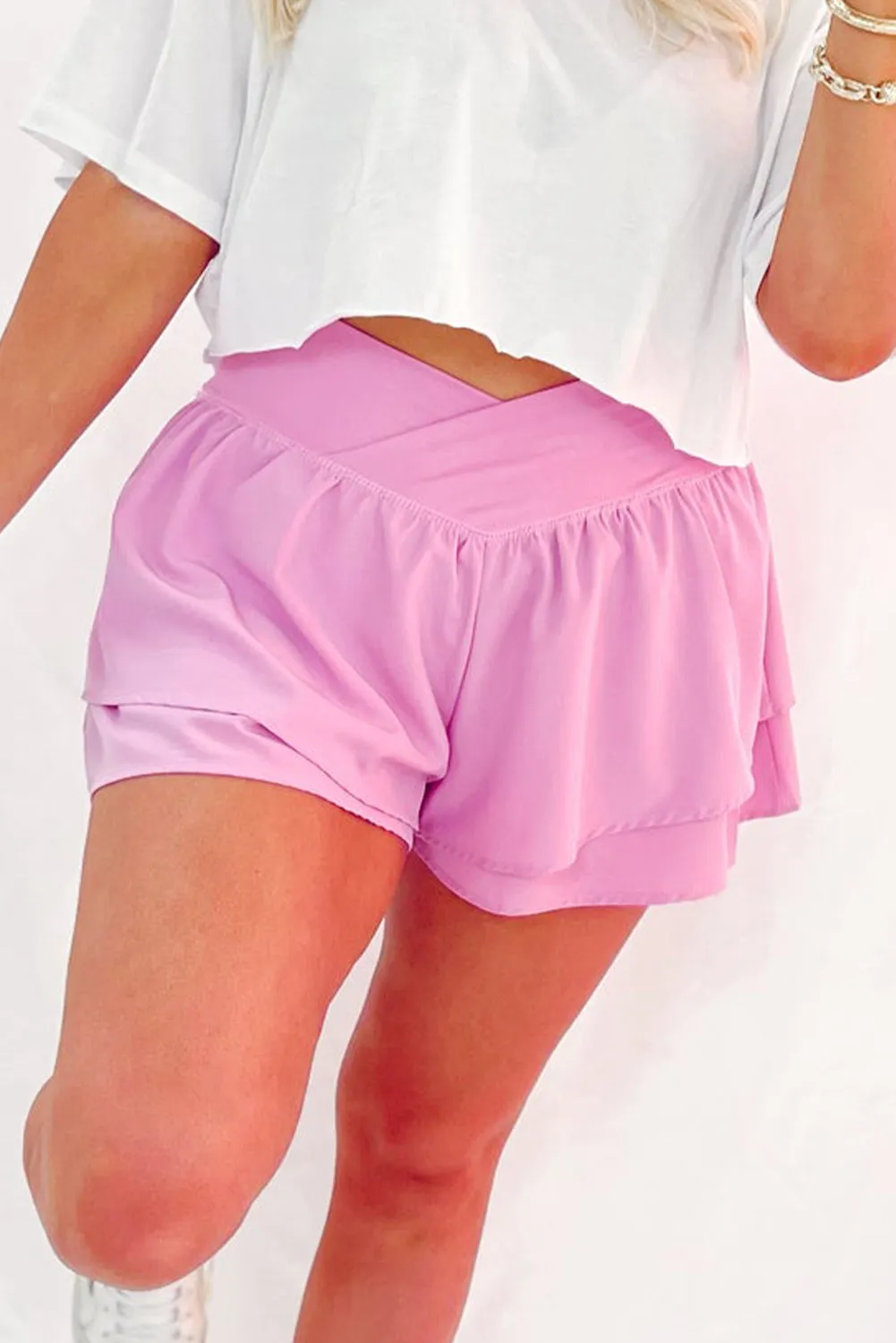 Bright Pink Crossover Tiered Flowy Shorts