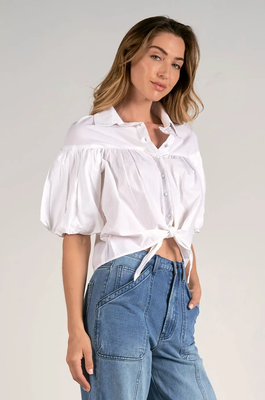 Bubble Sleeve Button Up {White}
