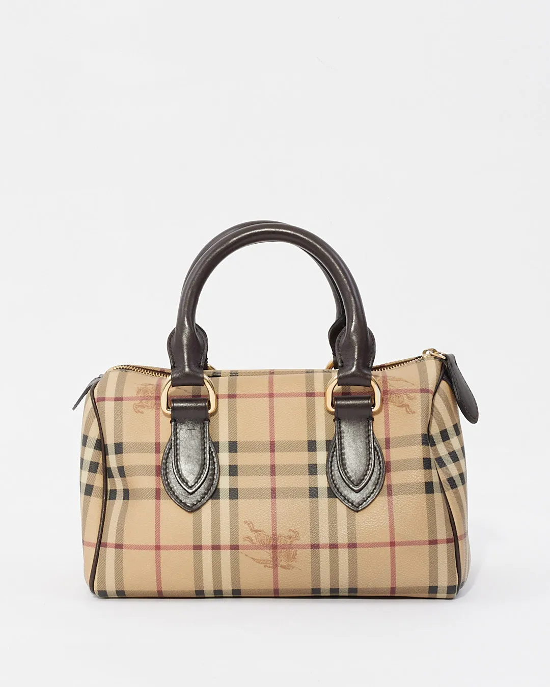 Burberry Brown Leather Check Print Bowling Bag