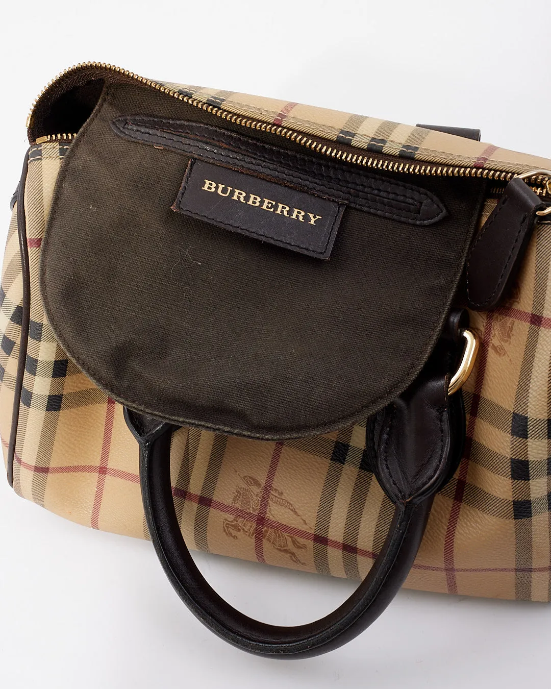 Burberry Brown Leather Check Print Bowling Bag