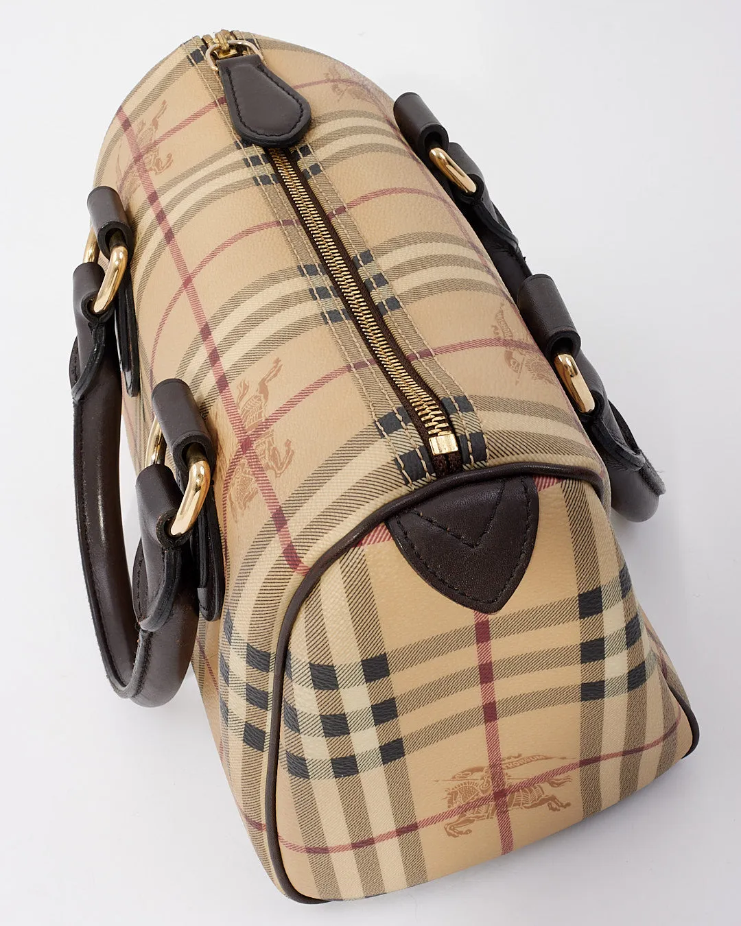 Burberry Brown Leather Check Print Bowling Bag