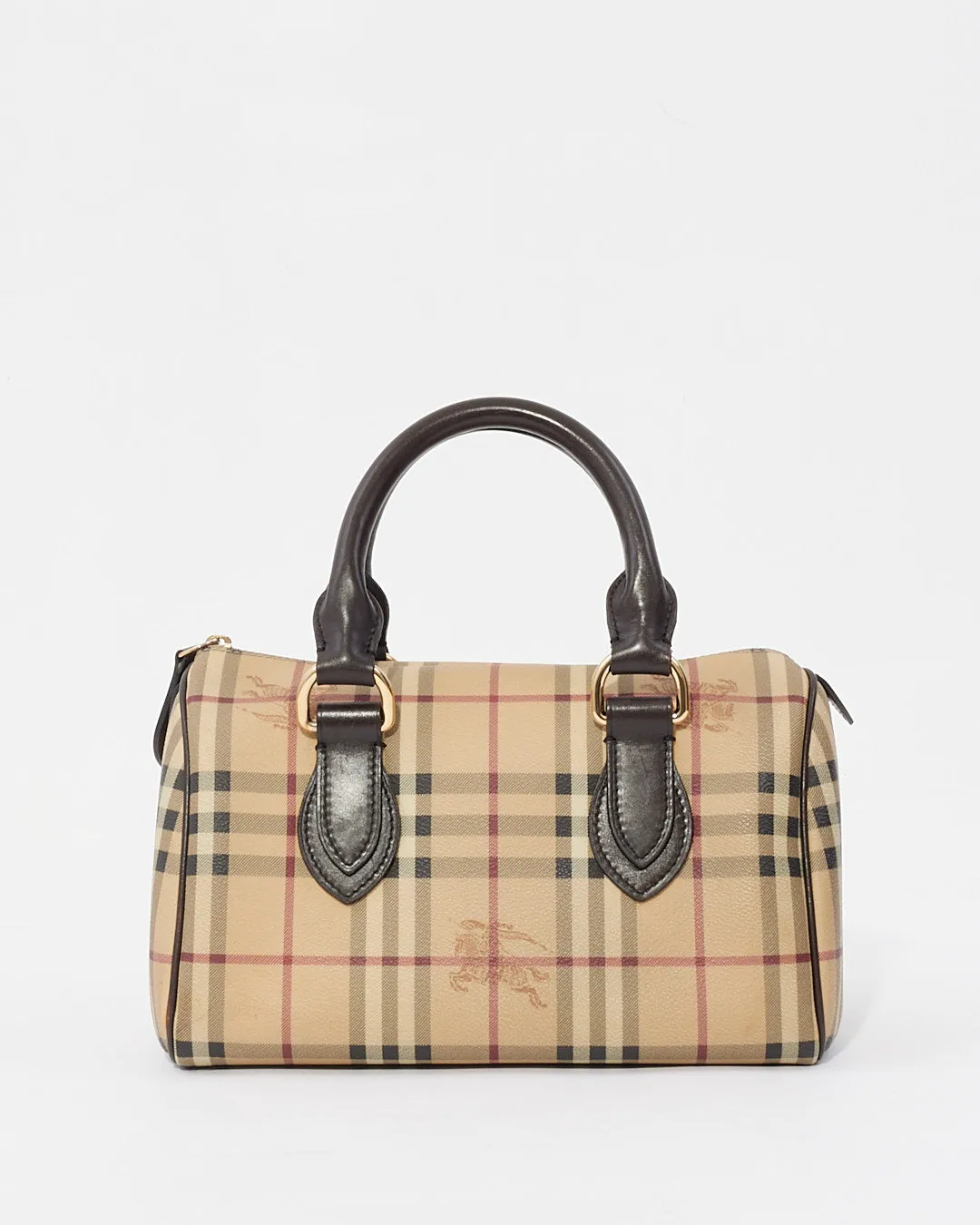 Burberry Brown Leather Check Print Bowling Bag