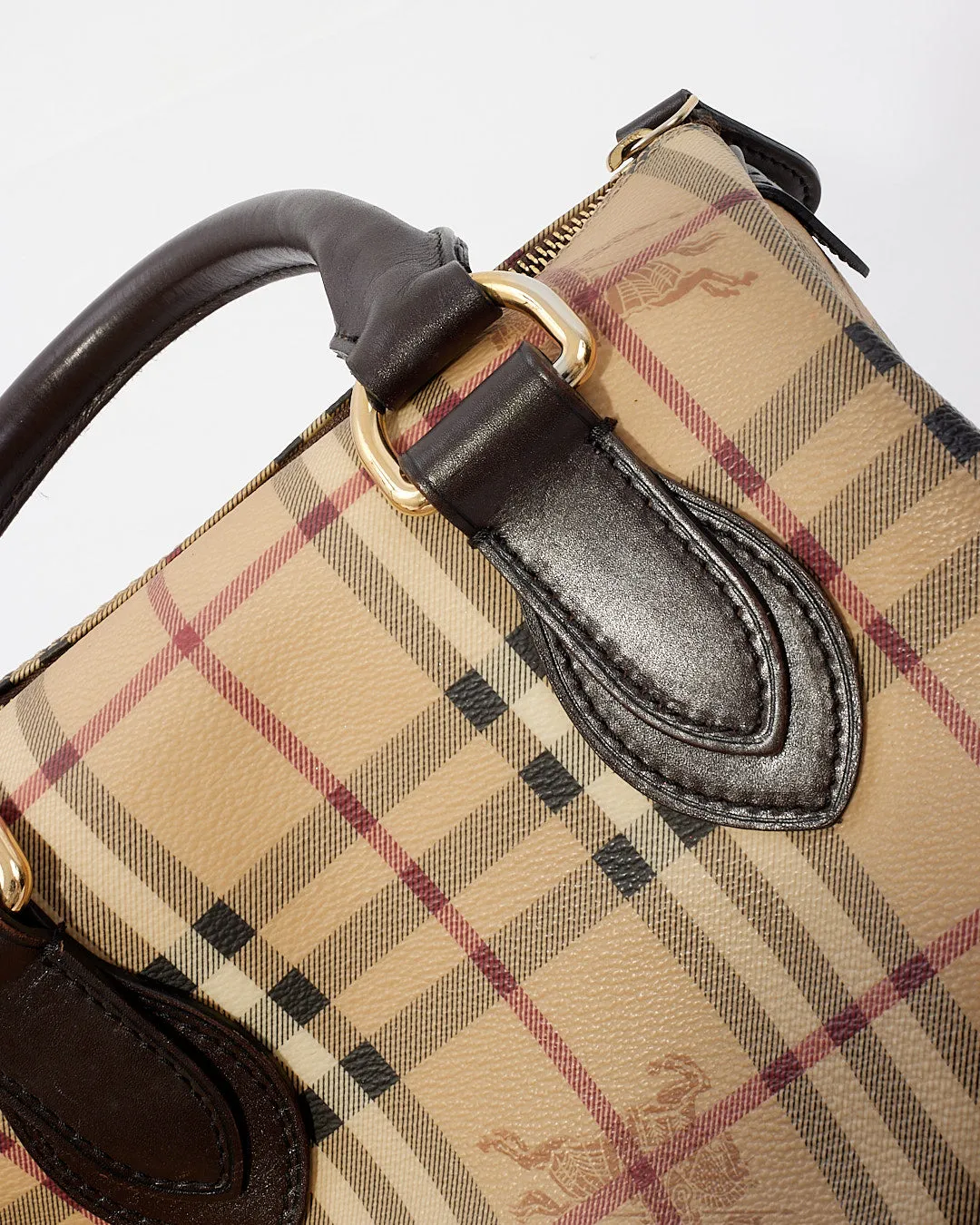 Burberry Brown Leather Check Print Bowling Bag