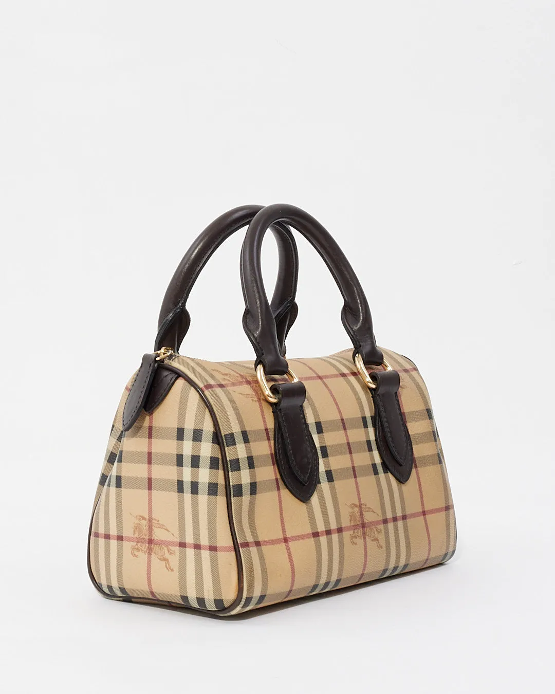Burberry Brown Leather Check Print Bowling Bag