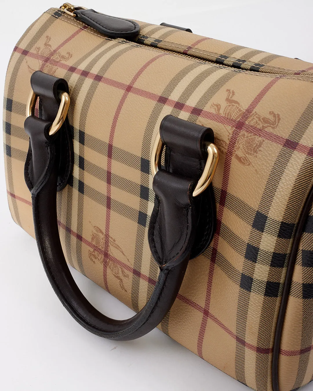 Burberry Brown Leather Check Print Bowling Bag