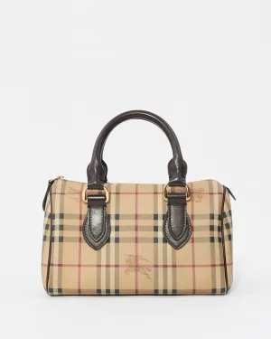 Burberry Brown Leather Check Print Bowling Bag