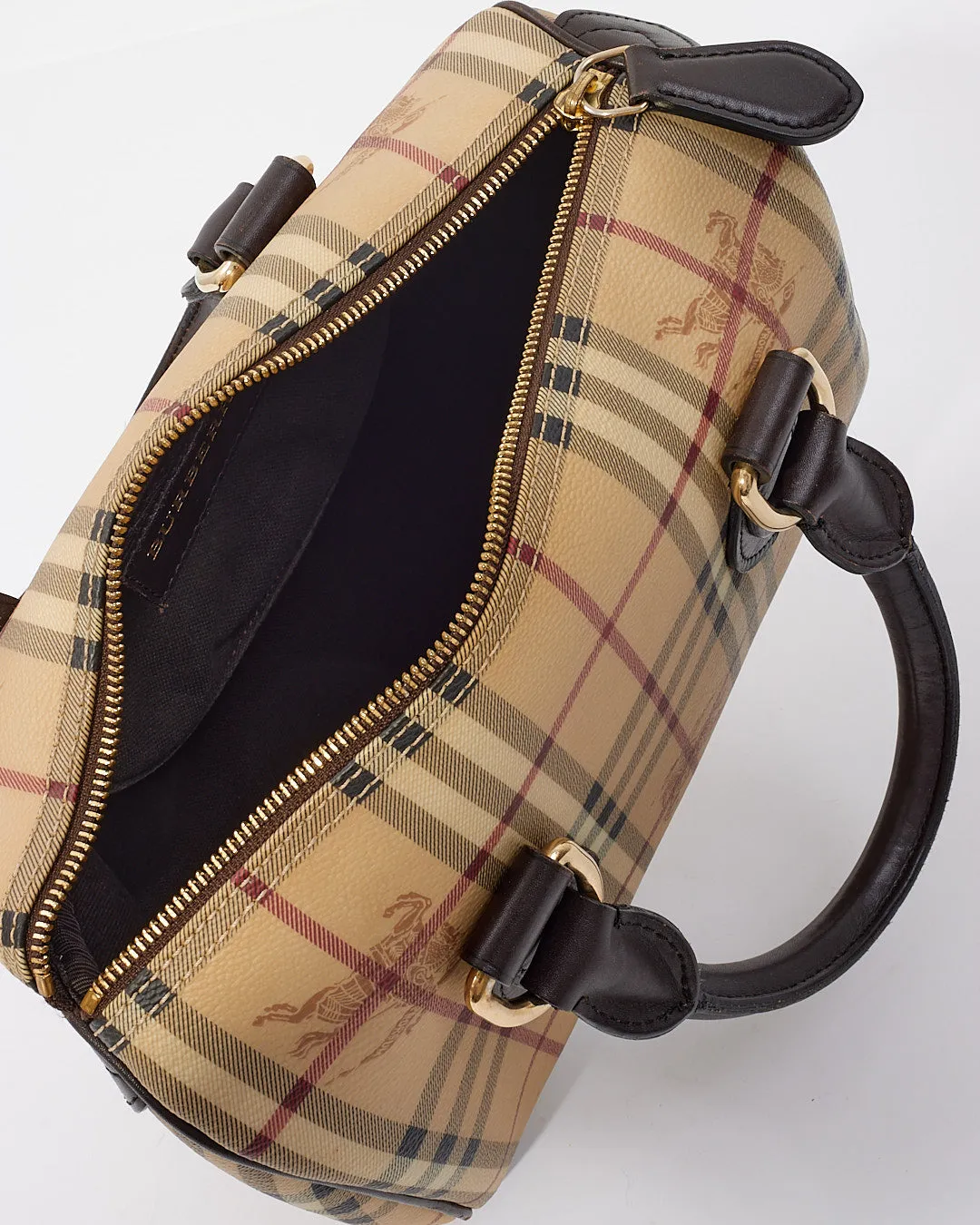 Burberry Brown Leather Check Print Bowling Bag