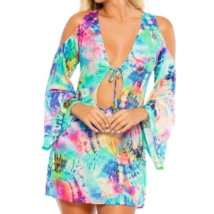 CELESTIAL DREAMS - Peek-a-boo Shoulder Tie Front Short Dress