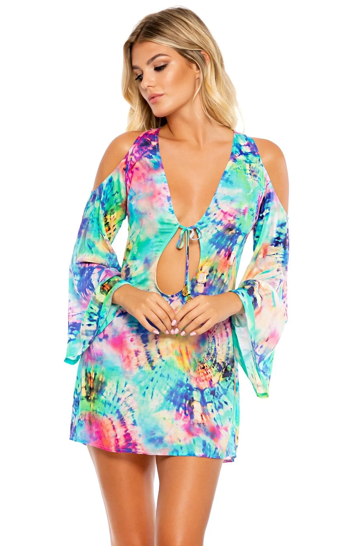 CELESTIAL DREAMS - Peek-a-boo Shoulder Tie Front Short Dress