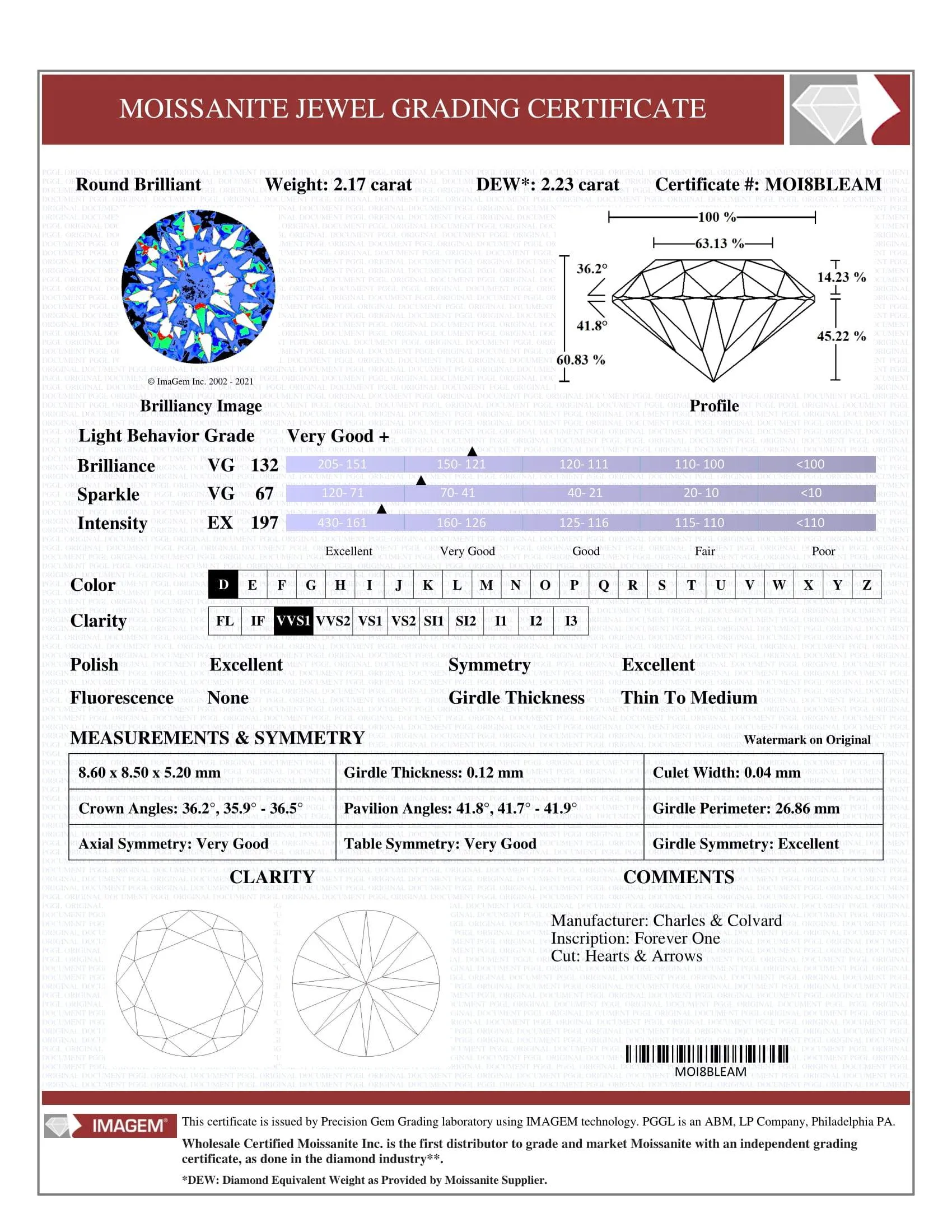 Certified Round Hearts & Arrows Forever One Charles & Colvard Loose Moissanite Stone - 2.50 Carat - D Color - VVS1 Clarity