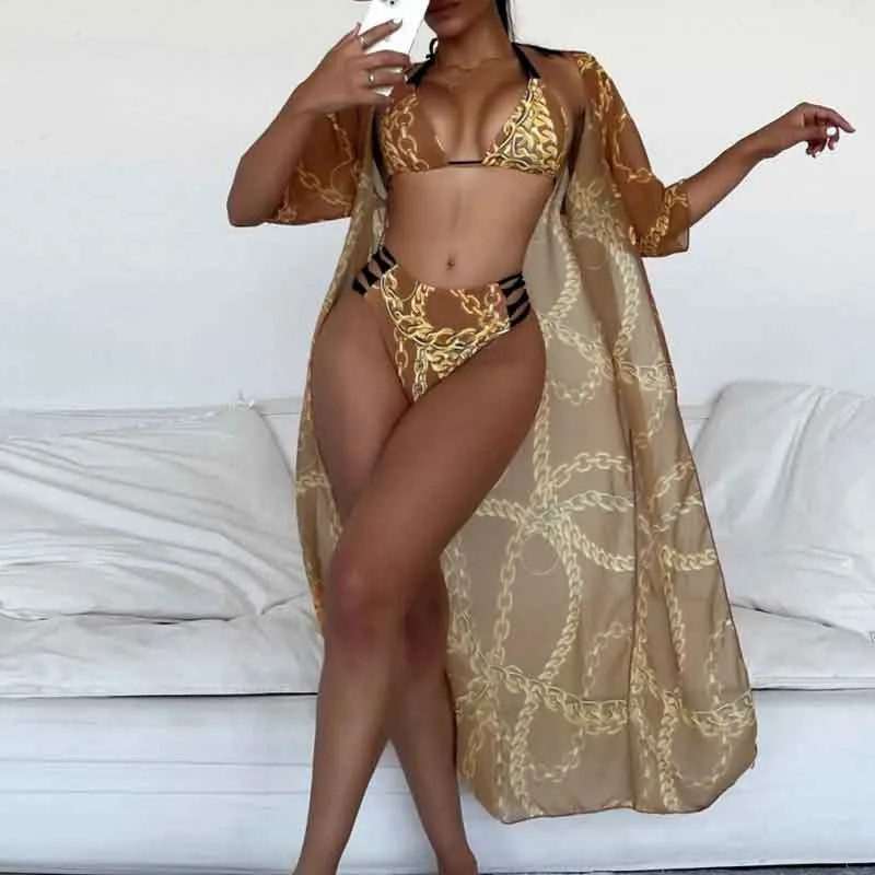 Chain Print Cut Out 3PCS Swimsuit Set