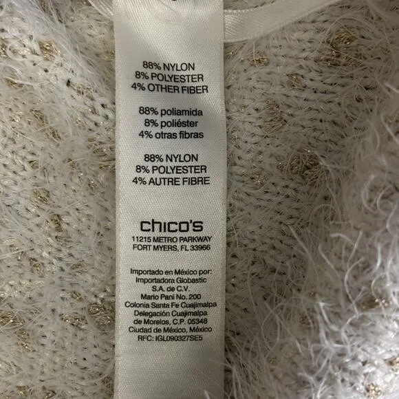 Chico's Furry Cream Sweater Gold Metallic Threads NWT Soft Flowy Cuddly Med