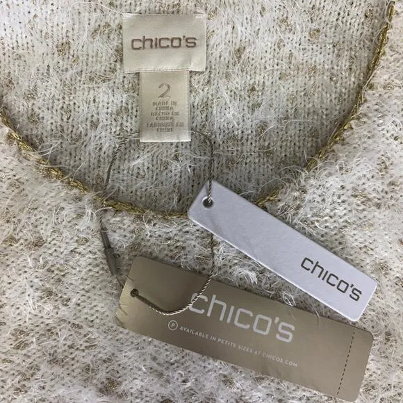 Chico's Furry Cream Sweater Gold Metallic Threads NWT Soft Flowy Cuddly Med