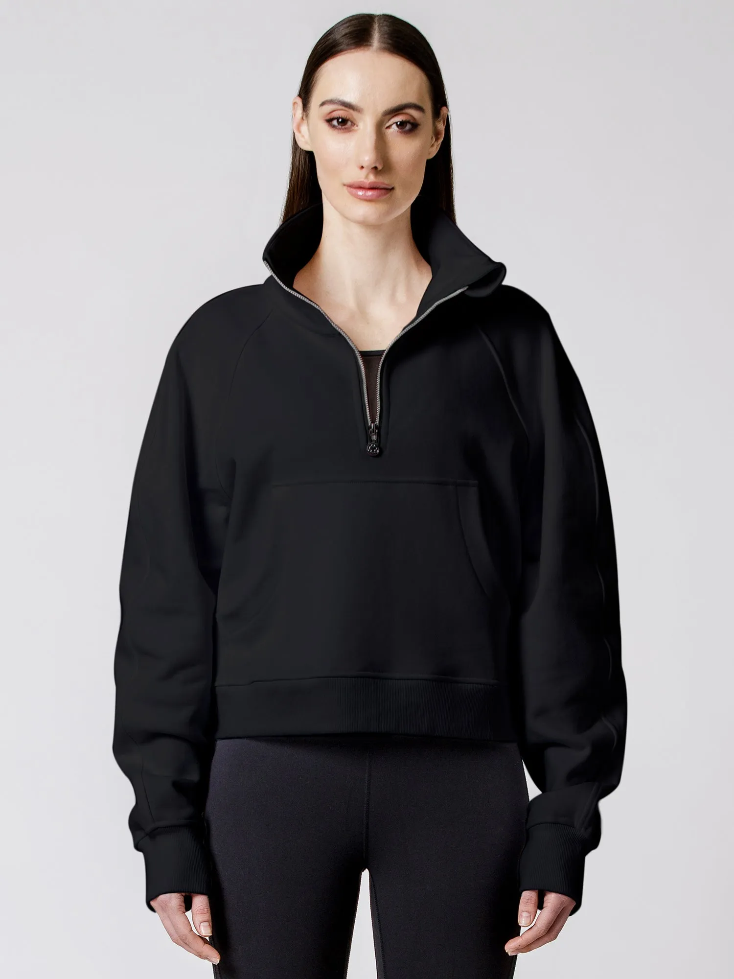 COLLARED HALF ZIP RELAXED SWEATSHIRT, BLACK