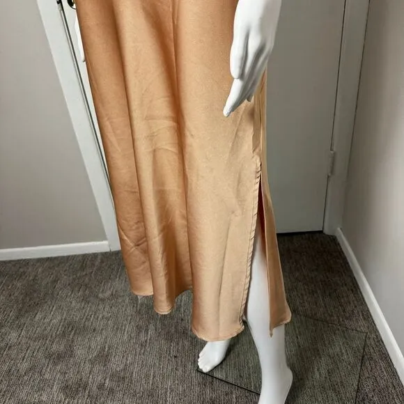Commense Creamy Cappuccino Satin Midi Skirt with Side Slit Flowy A-Line Design L
