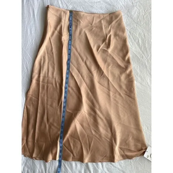 Commense Creamy Cappuccino Satin Midi Skirt with Side Slit Flowy A-Line Design L