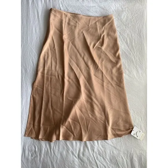 Commense Creamy Cappuccino Satin Midi Skirt with Side Slit Flowy A-Line Design L
