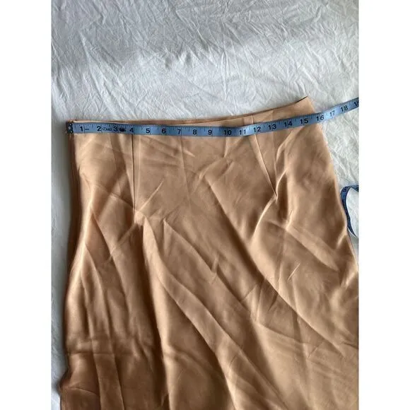 Commense Creamy Cappuccino Satin Midi Skirt with Side Slit Flowy A-Line Design L