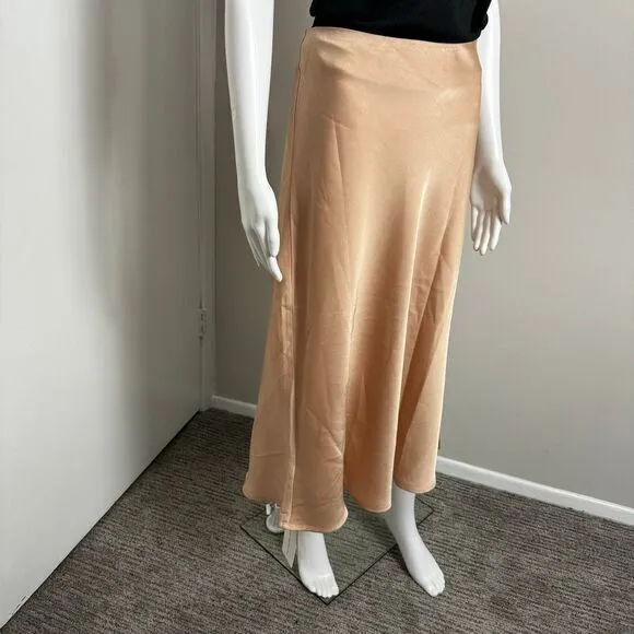 Commense Creamy Cappuccino Satin Midi Skirt with Side Slit Flowy A-Line Design L