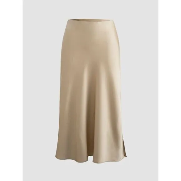 Commense Creamy Cappuccino Satin Midi Skirt with Side Slit Flowy A-Line Design L