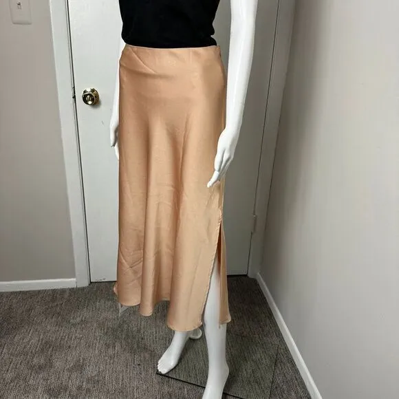 Commense Creamy Cappuccino Satin Midi Skirt with Side Slit Flowy A-Line Design L