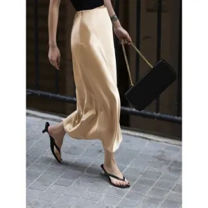 Commense Creamy Cappuccino Satin Midi Skirt with Side Slit Flowy A-Line Design L