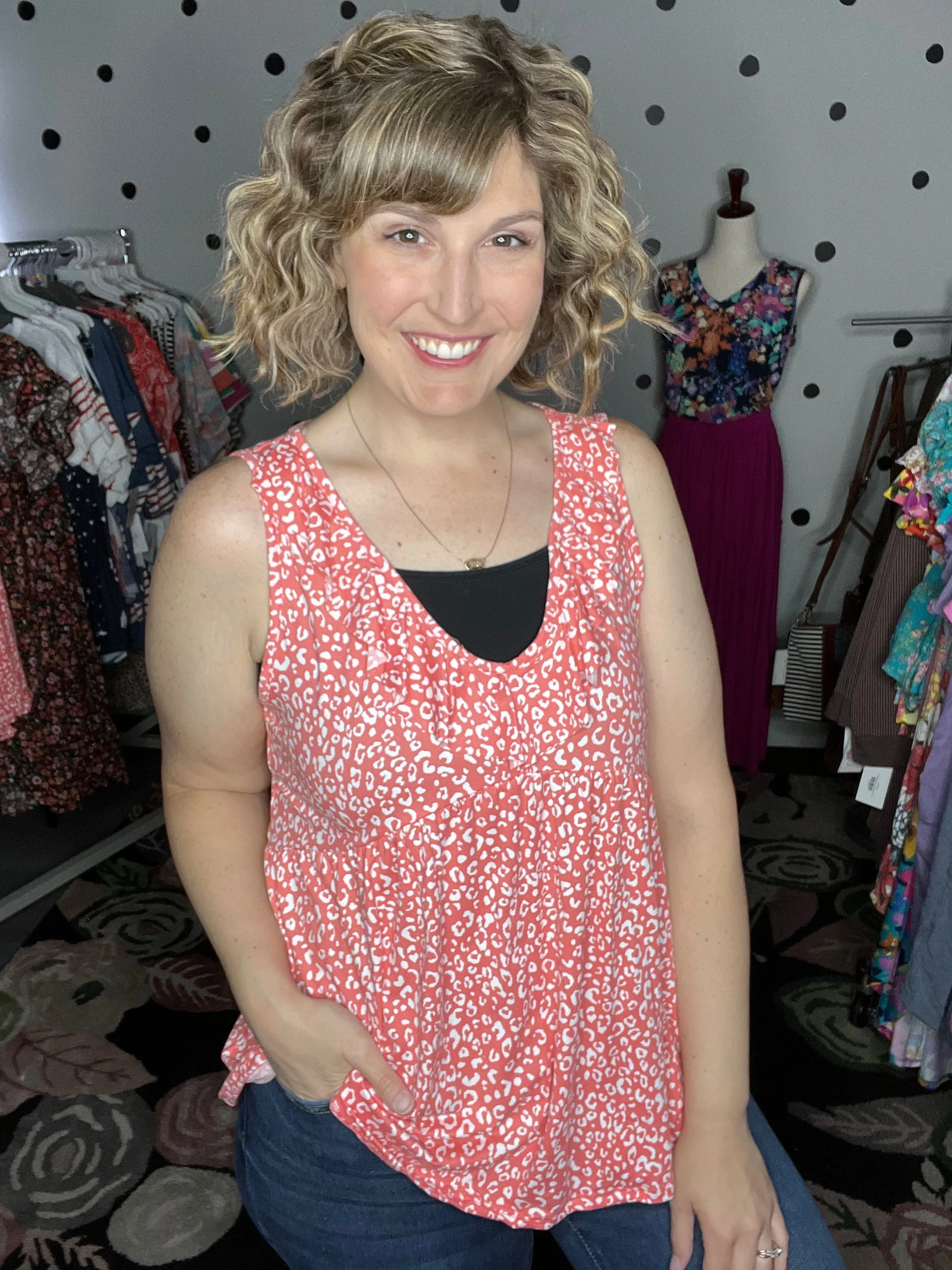 Coral Leopard V-Neck Ruffle Tank