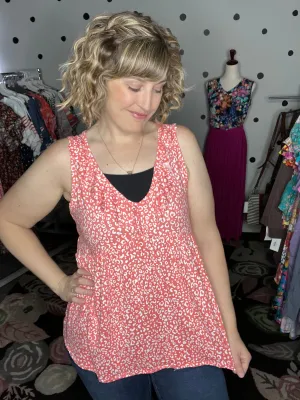 Coral Leopard V-Neck Ruffle Tank