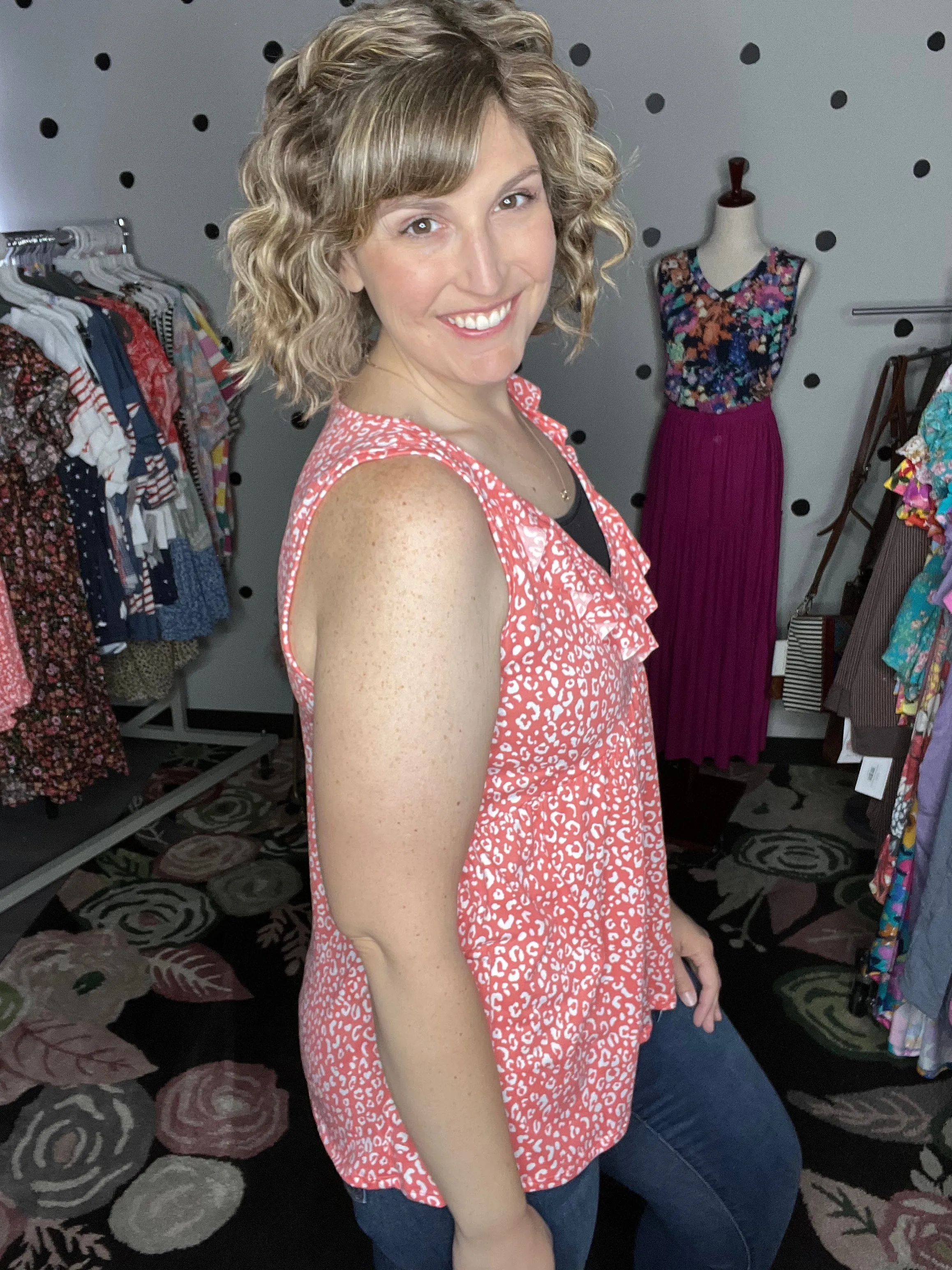 Coral Leopard V-Neck Ruffle Tank