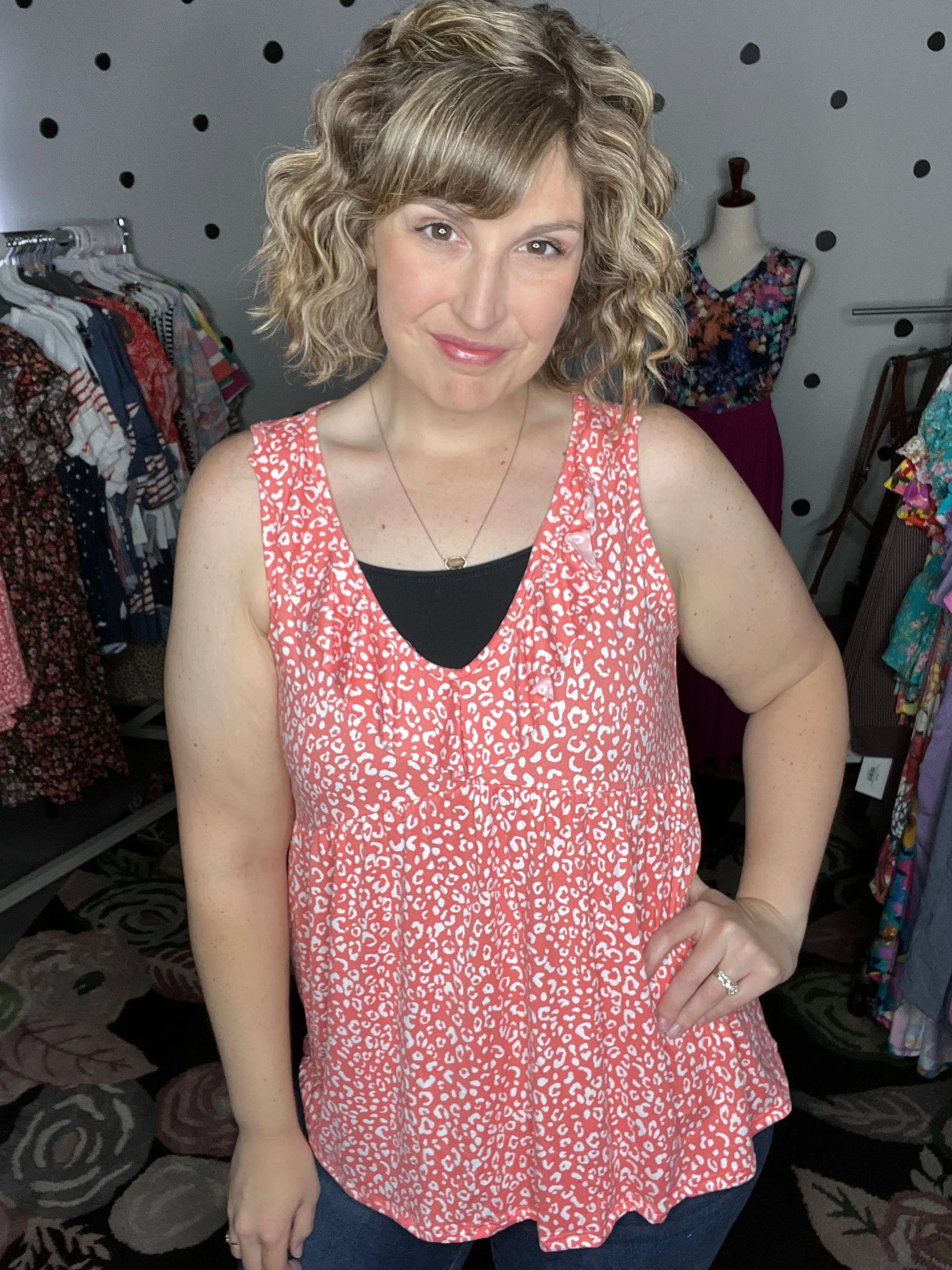 Coral Leopard V-Neck Ruffle Tank