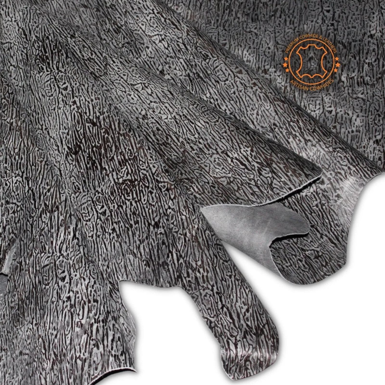 COWHIDE PIECES |  DRIFTWOOD Black Embossed  Leather | 9"x11", 12''x12''.... inch Precuts Sheets for Crafts