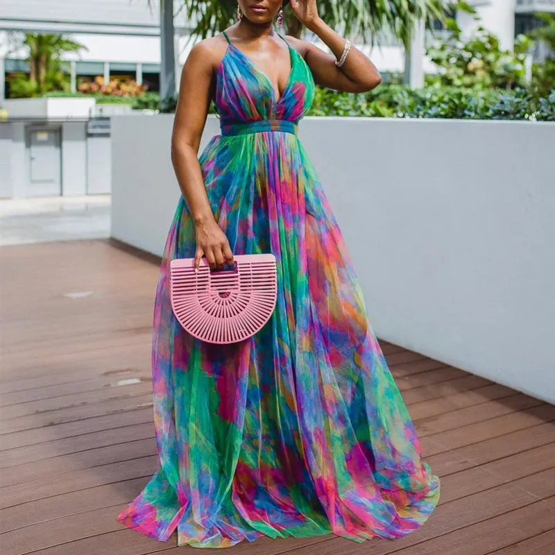 Digital Print Sleeveless Deep V-Neck Big Swing Dress