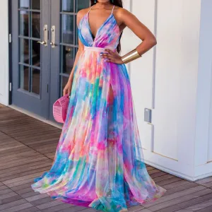 Digital Print Sleeveless Deep V-Neck Big Swing Dress