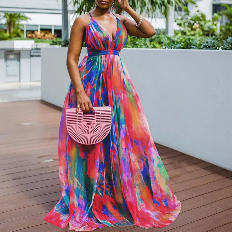 Digital Print Sleeveless Deep V-Neck Big Swing Dress