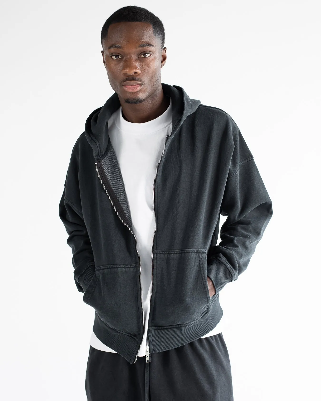 Drop Shoulder Zip Hoodie - Vintage Black