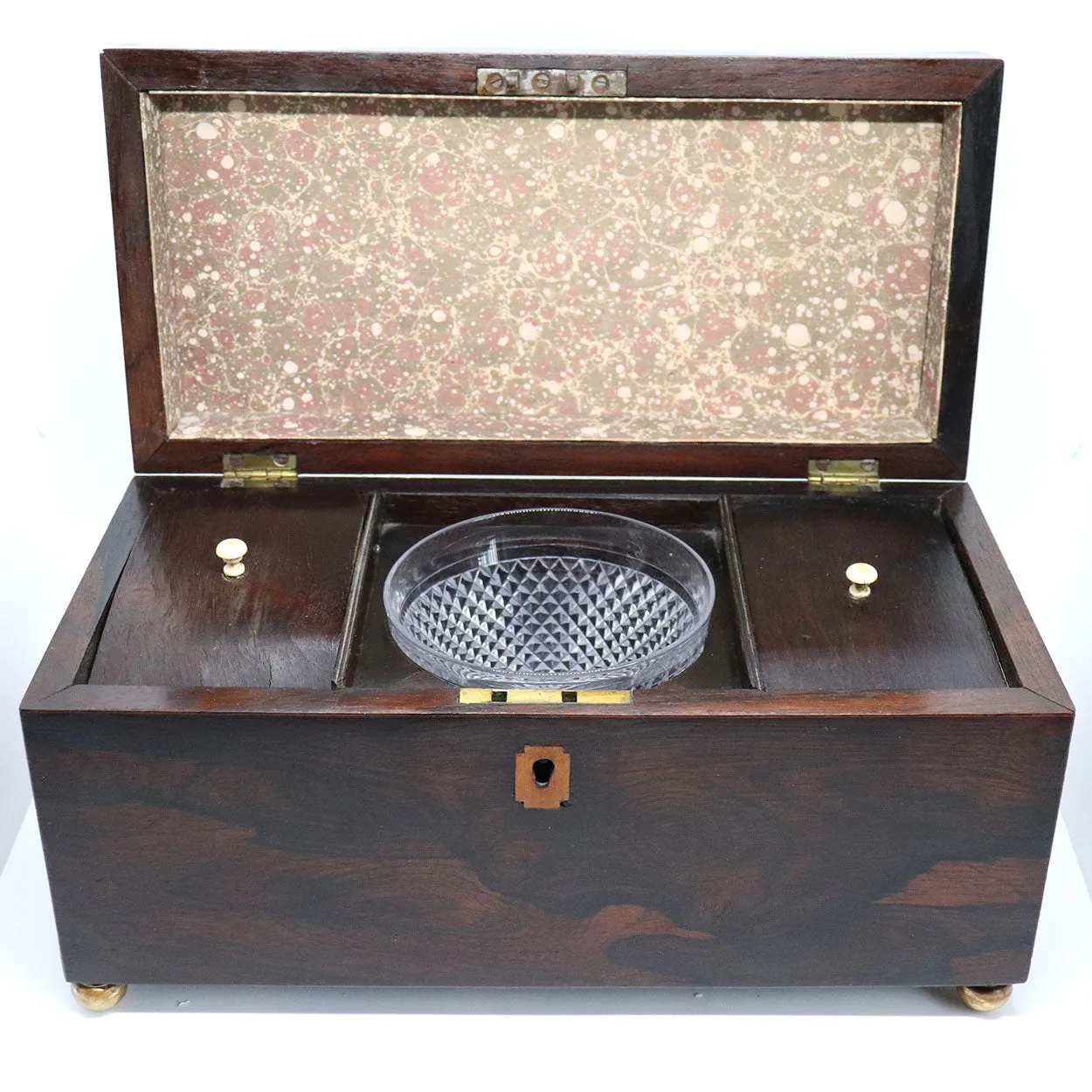 English Regency Rosewood Double Tea Caddy Box with Glass Mixing Bowl