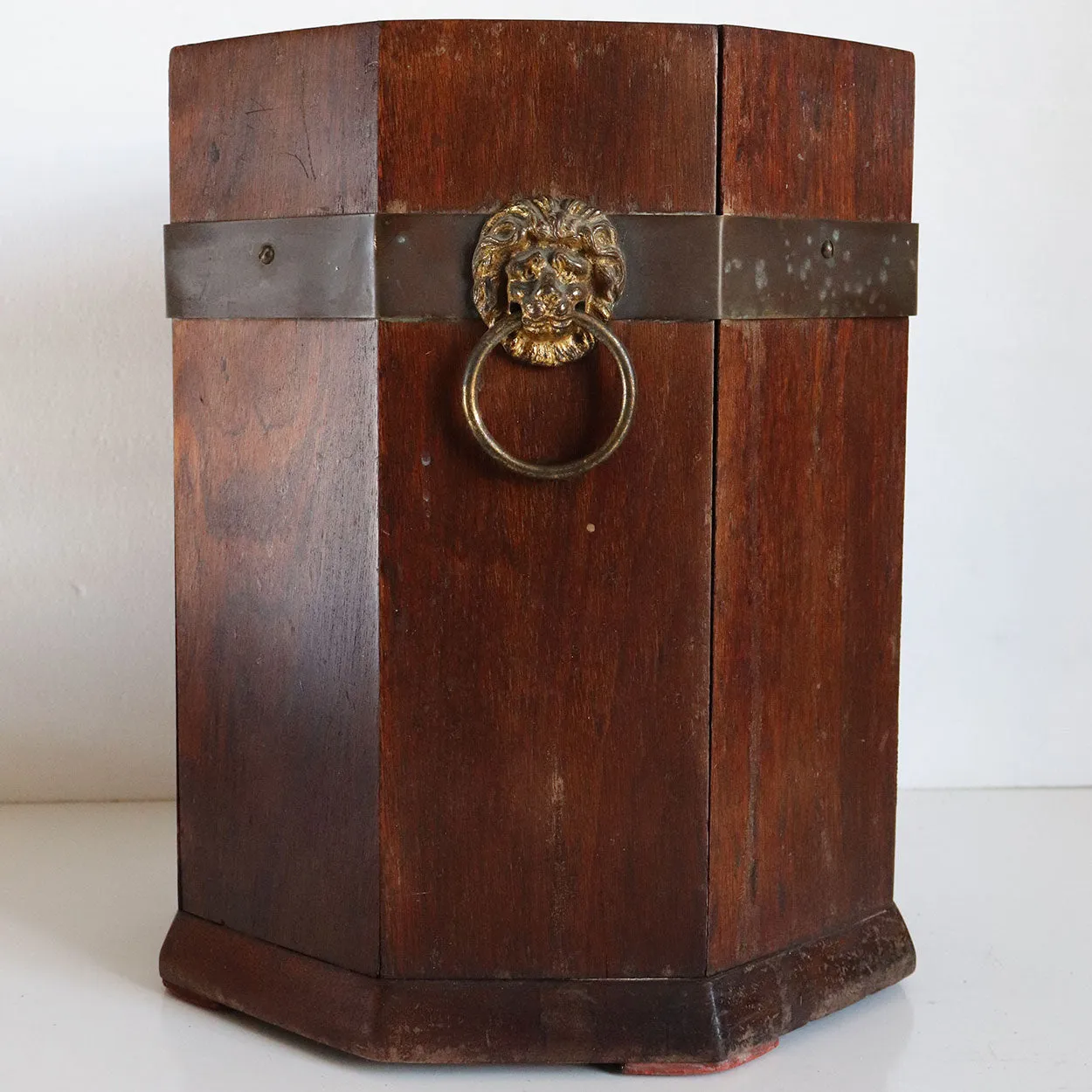 English Teak and Brass Mounted Lion Head Handles Octagonal Waste Paper Bin