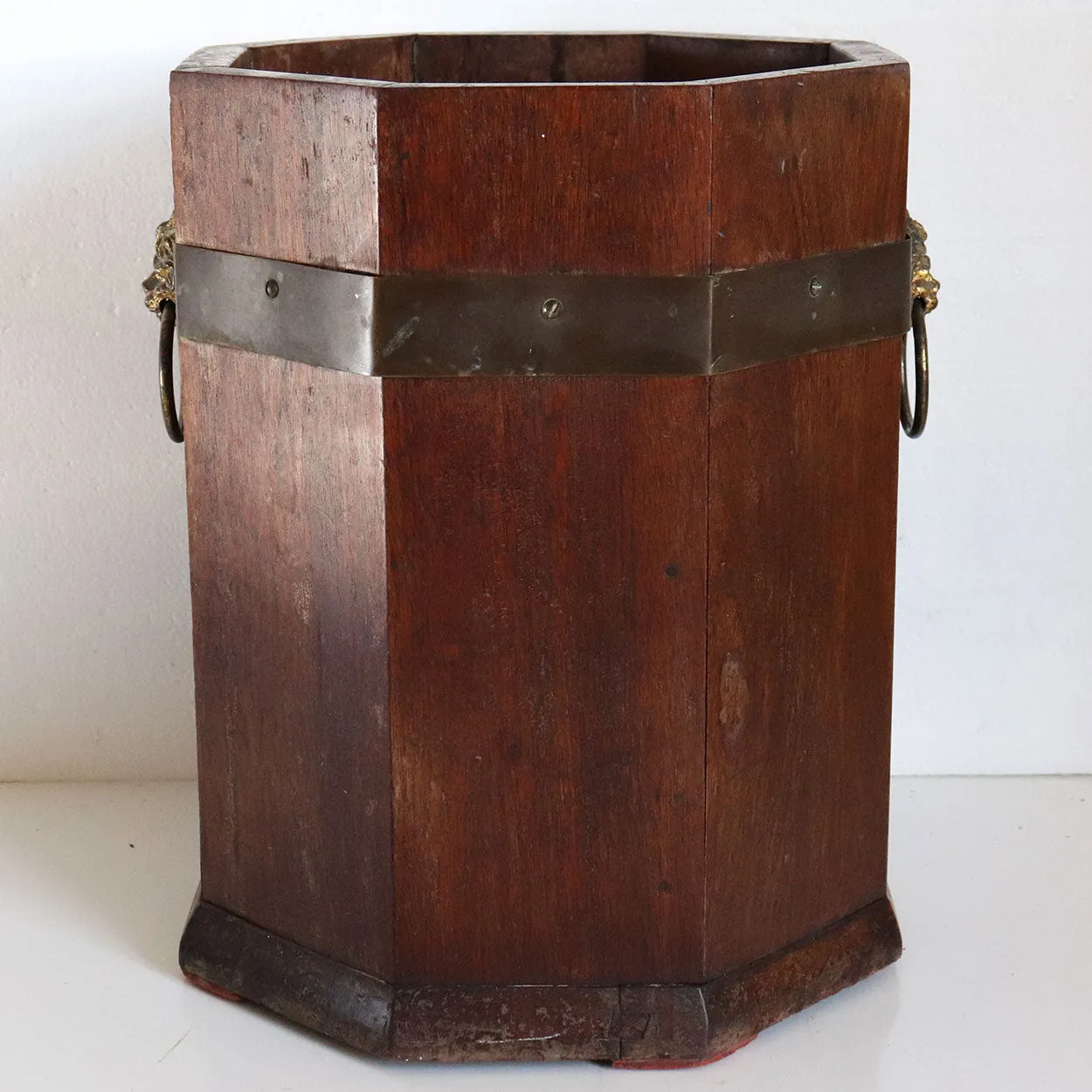 English Teak and Brass Mounted Lion Head Handles Octagonal Waste Paper Bin