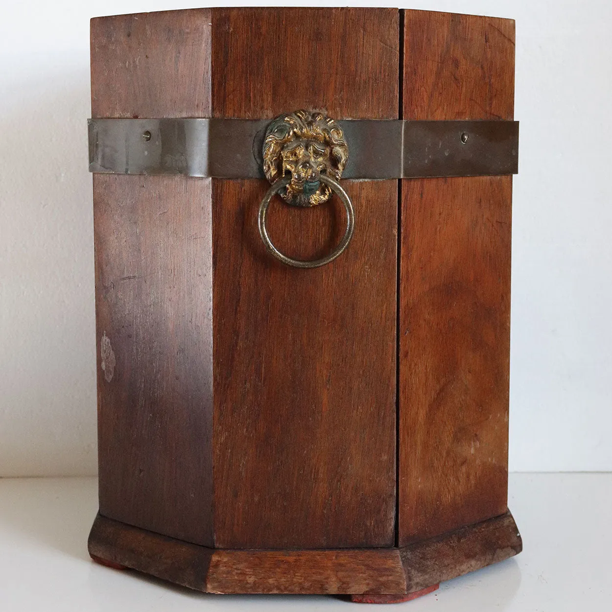 English Teak and Brass Mounted Lion Head Handles Octagonal Waste Paper Bin