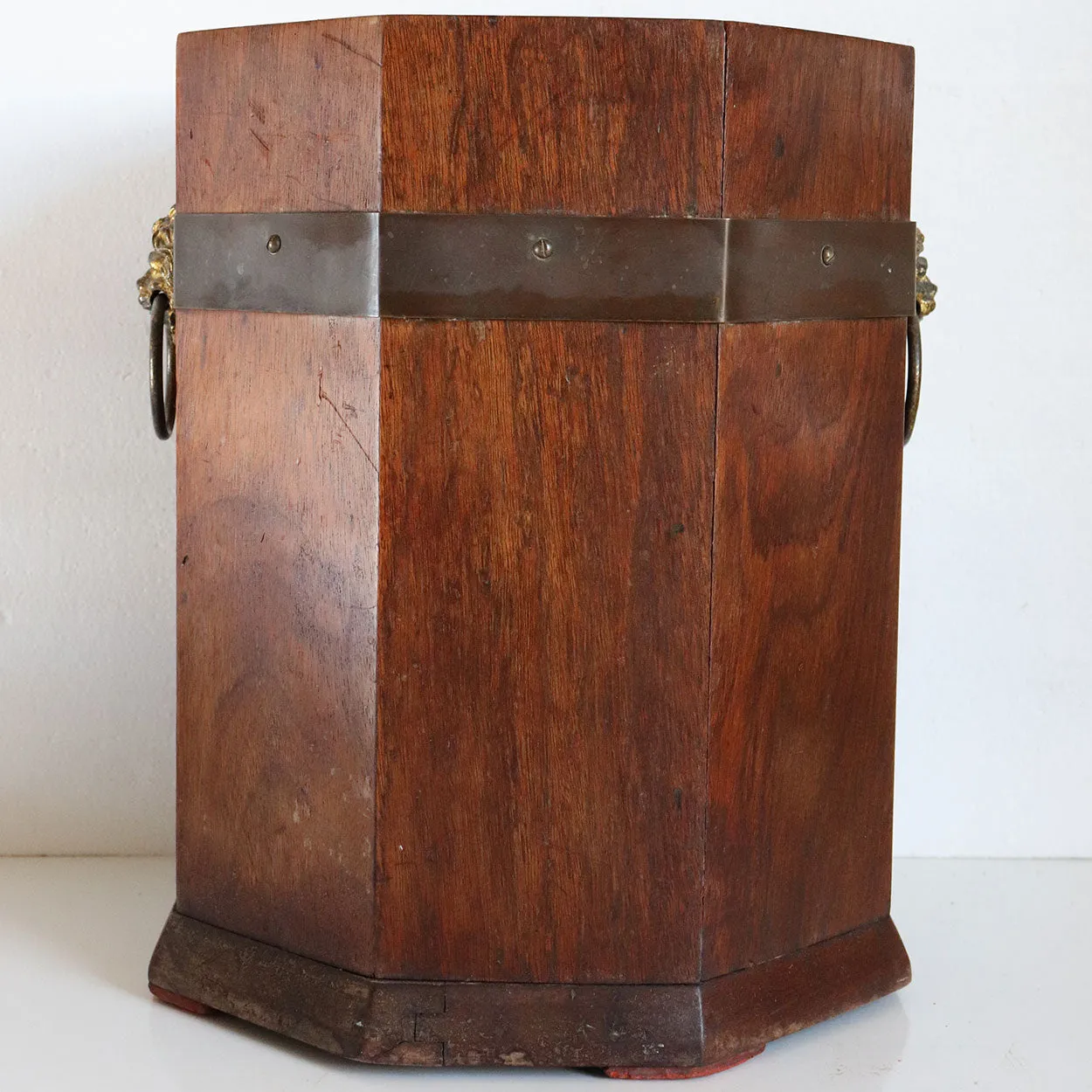 English Teak and Brass Mounted Lion Head Handles Octagonal Waste Paper Bin
