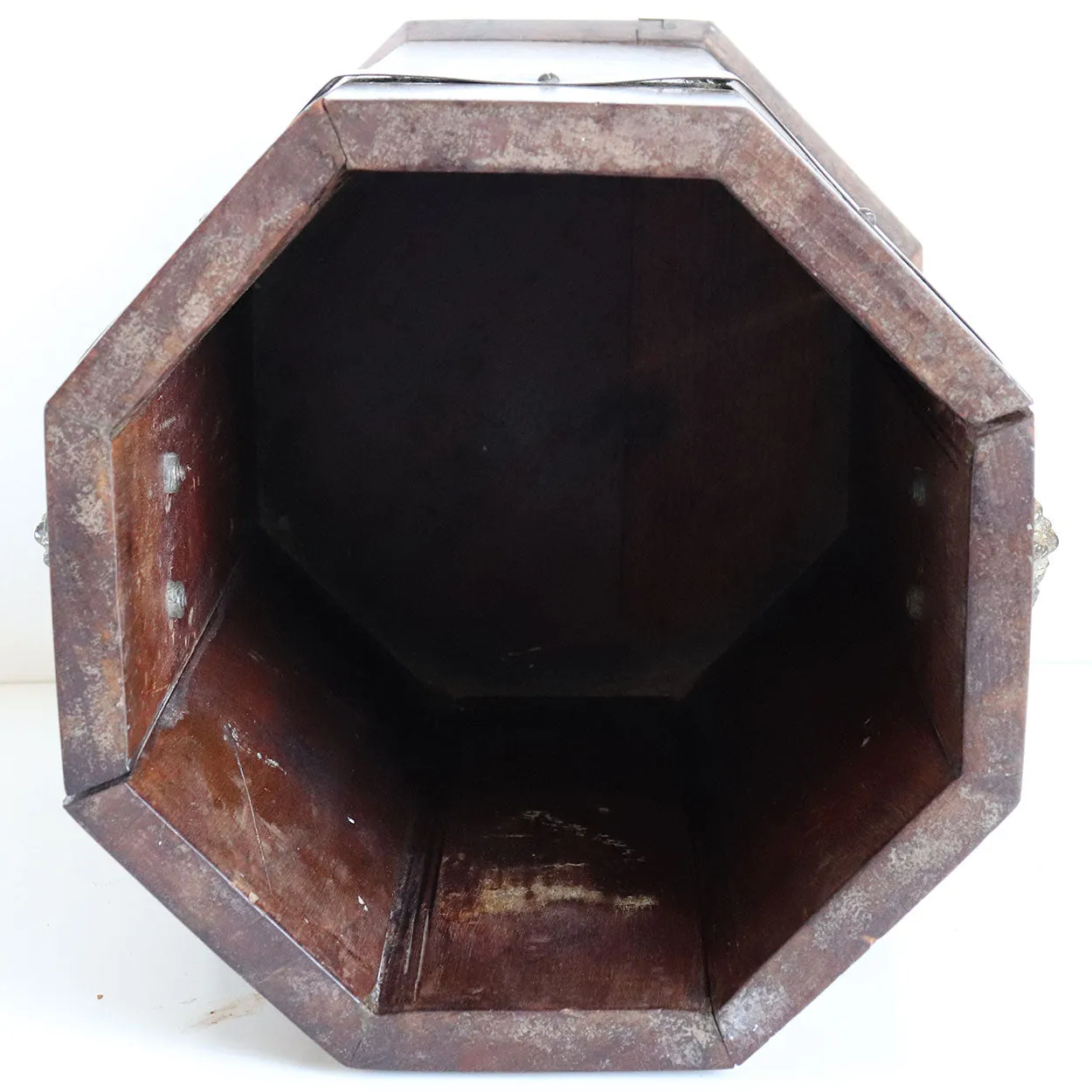 English Teak and Brass Mounted Lion Head Handles Octagonal Waste Paper Bin