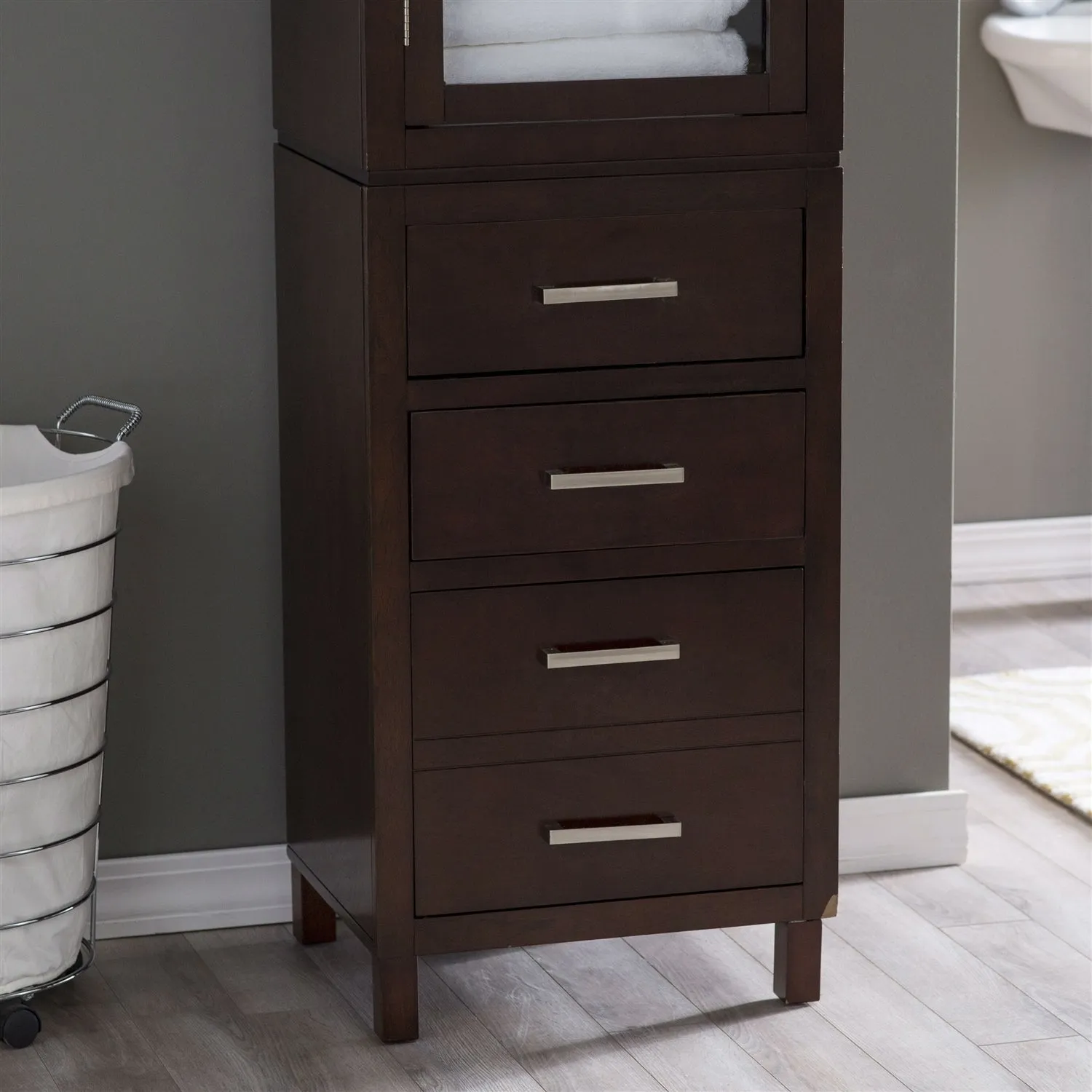 Espresso Wood Linen Tower Bathroom Storage Cabinet with Glass Paneled Door